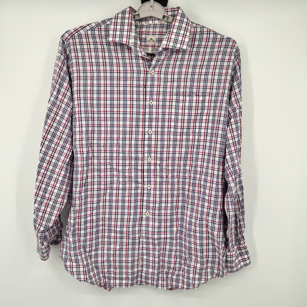 Peter Millar Mens XL Button Down Shirt Plaid Navy Red White Cotton Long Sleeve